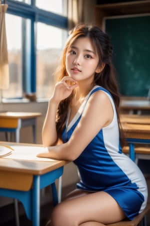 1girl, sitting inside college classroom (behind a desk:1.3), (window to her side:1.2), (sunlight falling on her face:1.1), (white sports suit ), (full body:1.1), (photorealistic:1.4), (masterpiece:1.0), full face visible, fashionable, 8k, intricate details, lifelike texture, beautiful face, perfect female body, realistic features, perfect face, beautiful face, beautiful eyes, beautiful lips, realistic lips, realistic fingers, sharp focus, (classroom setting:1.3), classroom background,beauty,pretty girl