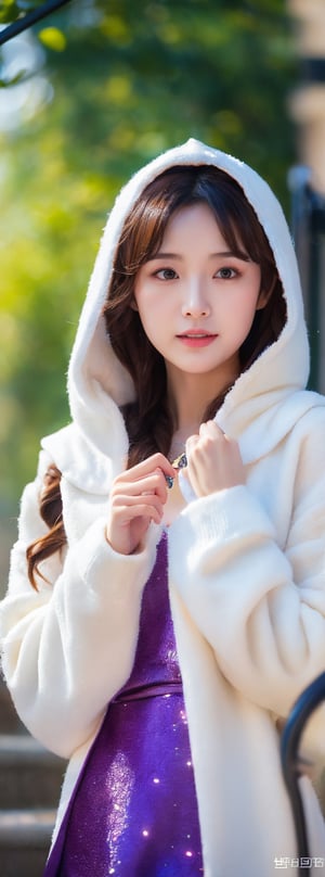 vibrant colors, a korean beauty, masterpiece, sharp focus, best quality, depth of field, cinematic lighting, (illustration, 8k , extremely detailed), masterpiece, ultra-detailed, long hair, looking at viewer, bangs, long sleeves, dress, jewelry, purple eyes, white hair, parted lips, hood, wide sleeves, black dress, index finger raised, hood up, robe, crystal, stairs, hooded cloak,idol,beauty