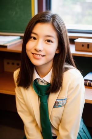1girl, big smile, sitting inside college classroom (behind a desk:1.3), (window to her side:1.2), (sunlight falling on her face:1.1), (white schoolgirl uniform with 1 tie and jacket:1.4), (wearing pants:1.2), (full body:1.1), (photorealistic:1.4), (masterpiece:1.0), full face visible, fashionable, 8k, intricate details, lifelike texture, beautiful face, perfect female body, realistic features, perfect face, beautiful face, beautiful eyes, beautiful lips, realistic lips, realistic fingers, sharp focus, (classroom setting:1.3), classroom background,beauty,pretty girl