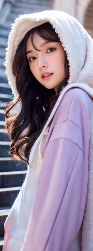 vibrant colors, a korean beauty, masterpiece, sharp focus, best quality, depth of field, cinematic lighting, (illustration, 8k , extremely detailed), masterpiece, ultra-detailed, long hair, looking at viewer, bangs, long sleeves, dress, jewelry, purple eyes, white hair, parted lips, hood, wide sleeves, black dress, index finger raised, hood up, robe, crystal, stairs, hooded cloak,idol,beauty