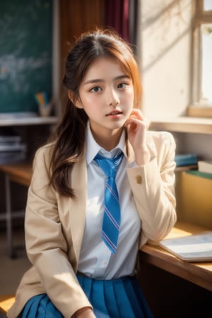1girl, sitting inside college classroom (behind a desk:1.3), (window to her side:1.2), (sunlight falling on her face:1.1), (white schoolgirl uniform with 1 tie and jacket:1.4), (wearing pants:1.2), (full body:1.1), (photorealistic:1.4), (masterpiece:1.0), full face visible, fashionable, 8k, intricate details, lifelike texture, beautiful face, perfect female body, realistic features, perfect face, beautiful face, beautiful eyes, beautiful lips, realistic lips, realistic fingers, sharp focus, (classroom setting:1.3), classroom background,beauty,pretty girl