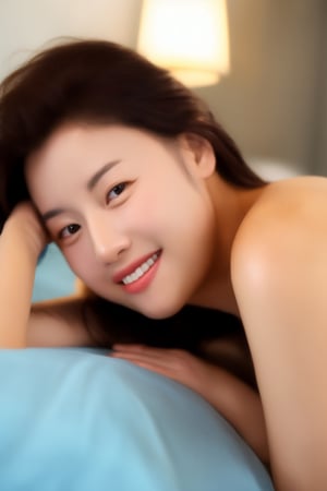 1 korean idol, lie on the bed, no_clothes,  big smile, white skin, side_view , looking_at_camera