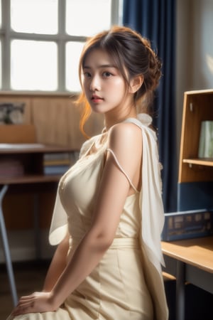 1girl, standing inside college classroom (behind a desk:1.3), (window to her side:1.2), (sunlight falling on her face:1.1),  (white  Chiffon), (full body:1.1), (photorealistic:1.4), (masterpiece:1.0), full face visible, fashionable, 8k, intricate details, lifelike texture, beautiful face, perfect female body, realistic features, perfect face, beautiful face, beautiful eyes, beautiful lips, realistic lips, realistic fingers, sharp focus, (classroom setting:1.3), classroom background,beauty,pretty girl