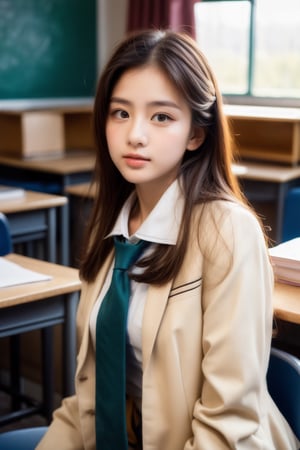 1girl, sitting inside college classroom (behind a desk:1.3), (window to her side:1.2), (sunlight falling on her face:1.1), (white schoolgirl uniform with 1 tie and jacket:1.4), (wearing pants:1.2), (full body:1.1), (photorealistic:1.4), (masterpiece:1.0), full face visible, fashionable, 8k, intricate details, lifelike texture, beautiful face, perfect female body, realistic features, perfect face, beautiful face, beautiful eyes, beautiful lips, realistic lips, realistic fingers, sharp focus, (classroom setting:1.3), classroom background,beauty,pretty girl
