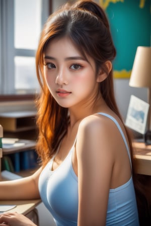 1girl, sitting inside college classroom (behind a desk:1.3), (window to her side:1.2), (sunlight falling on her face:1.1), (white swimming suit ), (full body:1.1), (photorealistic:1.4), (masterpiece:1.0), full face visible, fashionable, 8k, intricate details, lifelike texture, beautiful face, perfect female body, realistic features, perfect face, beautiful face, beautiful eyes, beautiful lips, realistic lips, realistic fingers, sharp focus, (classroom setting:1.3), classroom background,beauty,pretty girl