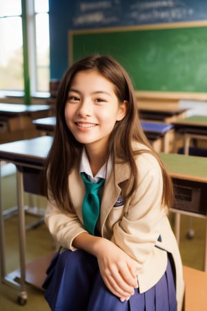 1girl, big smile, sitting inside college classroom (behind a desk:1.3), (window to her side:1.2), (sunlight falling on her face:1.1), (white schoolgirl uniform with 1 tie and jacket:1.4), (wearing pants:1.2), (full body:1.1), (photorealistic:1.4), (masterpiece:1.0), full face visible, fashionable, 8k, intricate details, lifelike texture, beautiful face, perfect female body, realistic features, perfect face, beautiful face, beautiful eyes, beautiful lips, realistic lips, realistic fingers, sharp focus, (classroom setting:1.3), classroom background,beauty,pretty girl