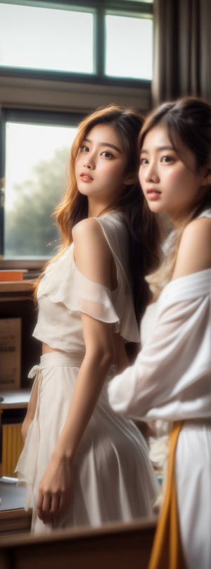 2girlS, standing inside college classroom (behind a desk:1.3), (window to her side:1.2), (sunlight falling on her face:1.1),  (white  Chiffon), (full body:1.1), (photorealistic:1.4), (masterpiece:1.0), full face visible, fashionable, 8k, intricate details, lifelike texture, beautiful face, perfect female body, realistic features, perfect face, beautiful face, beautiful eyes, beautiful lips, realistic lips, realistic fingers, sharp focus, (classroom setting:1.3), classroom background,beauty,pretty girl