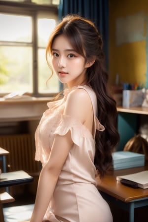 1girl, standing inside college classroom (behind a desk:1.3), (window to her side:1.2), (sunlight falling on her face:1.1), (light pink  Chiffon ), (full body:1.1), (photorealistic:1.4), (masterpiece:1.0), full face visible, fashionable, 8k, intricate details, lifelike texture, beautiful face, perfect female body, realistic features, perfect face, beautiful face, beautiful eyes, beautiful lips, realistic lips, realistic fingers, sharp focus, (classroom setting:1.3), classroom background,beauty,pretty girl