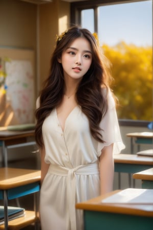1girl, standing inside college classroom (behind a desk:1.3), (window to her side:1.2), (sunlight falling on her face:1.1),  (white  Chiffon), (full body:1.1), (photorealistic:1.4), (masterpiece:1.0), full face visible, fashionable, 8k, intricate details, lifelike texture, beautiful face, perfect female body, realistic features, perfect face, beautiful face, beautiful eyes, beautiful lips, realistic lips, realistic fingers, sharp focus, (classroom setting:1.3), classroom background,beauty,pretty girl