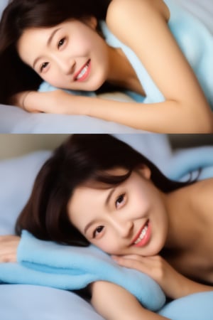 1 korean idol, lie on the bed, no_clothes,  big smile, white skin, view_from_above , looking_at_camera