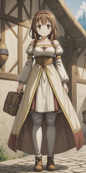 medieval, girl, traveler (journey), full body, standing, brown hair, anime