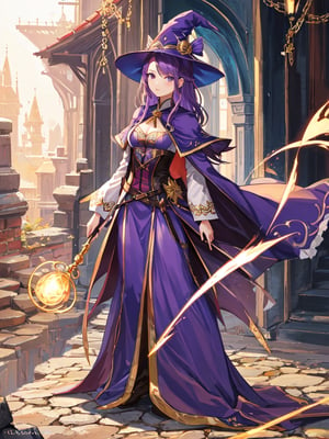 magician, fantasy, whole body, standing, girl, purple hair, wizard hat