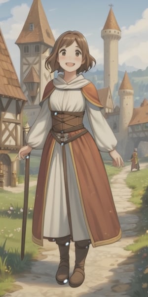 medieval, girl, traveler (journey), full body, standing, brown hair, happy