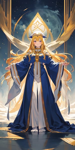 Priestess, girl, standing, whole body, blue dress, golden hair, long hair, kind