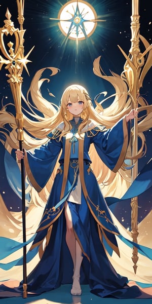 Priestess, girl, standing, whole body, blue dress, golden hair, long hair, staff