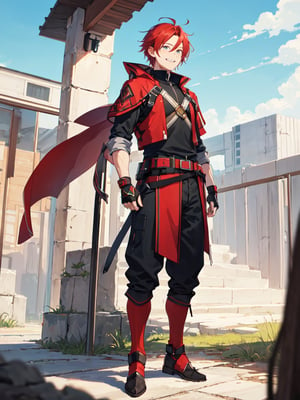 Warrior, male, red hair, whole body, standing, naive, happy