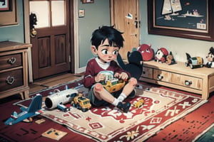 Prompt: Indoor, red room, a little boy sitting on a carpet playing with wooden airplane toys surrounded by toys Medium Shot