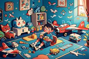 Indoor, blue room, a little boy sitting on a carpet playing with wooden airplane toys surrounded by toys Medium Shot