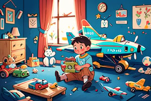 Indoor, blue room, a little boy sitting on a carpet playing with wooden airplane toys surrounded by toys Medium Shot