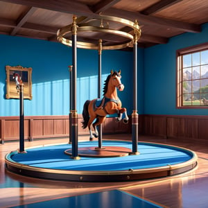 (((Modern Horse Stable,Mahogany Wood, Brass bars and rings, Large Room, Exercise Rink in center of the room, Single Four Feet Tall Metal pillar embedded in the center of rink, swivel friction brake on top of pillar,Twenty-Five feet Horizontal iron bar on top of swivel))),Modern bedroom,photorealistic,Void volumes,realistic,disney pixar style, 3D SINGLE TEXT,island,scenery