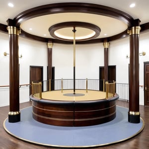 (((Modern Horse Stable,Mahogany Wood, Brass bars and rings, Large Room, Exercise Rink in center of the room, Four Feet Tall Metal pillar embedded in the center of rink, swivel friction brake on top of pillar,Twenty-Five feet Horizontal iron bar on top of swivel)))
