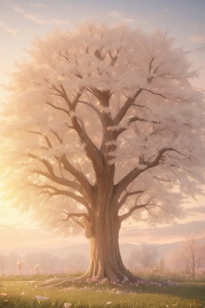 A complete realistic HD family tree, with defined texture, background pale colors of a flowery spring sunset.
