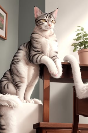 An ultra-realistic cat cleaning itself with high-definition facial details. The fur is clear and well defined. The cat is perched on a chair. The background is a very nice and well-detailed room with light colors and a fresh atmosphere.
