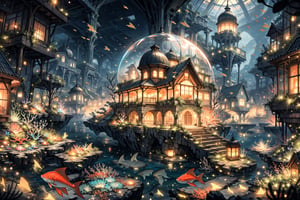 High quality, Masterpiece, Extreme Detailed, a fantasy city under the sea made with corals, bones of marine animals and marine rocks, illuminated by fish and algae of dazzling colors, houses inside air domes