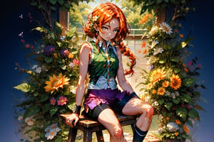 High quality, masterpiece, rayearth, 1girl, shiny orange hair in braids, bright purple pupils, a sleeveless vest and underneath a button-down shirt, thick fabric shorts, tennis shoes, socks, sitting on a stool in a flower park