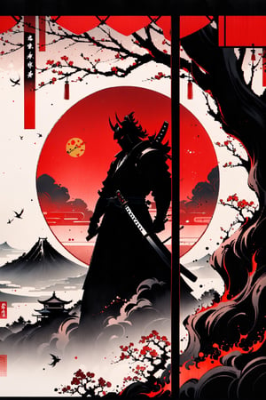 High quality, Masterpiece, Extreme Detailed, Ink art, an ancient samurai brandishing his katana under the shade of a cherry tree,scenery,oni style,warrior, blue and yellow ink,chinese ink drawing