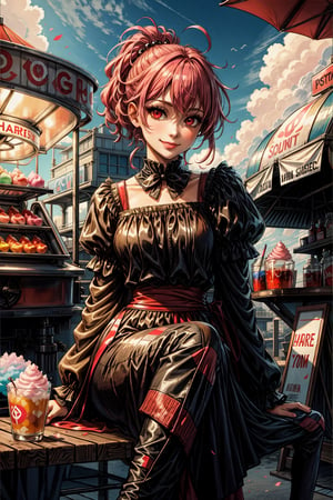 High quality, masterpiece, 1girl, sole_female, undercut bright pink hair, dazzling red eyes, harlequin costume, sitting at the cotton candy stand at a fair, with a slight smile