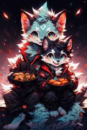 High quality, masterpiece, eyesgod, niji, furry,perfect light, 1 boy, 1 girl, FurryCore, both sitting together watching a movie, with various fried foods and drinks around them,  full-body_portrait, both laughing