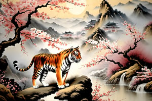 High quality, masterpiece, a winged tigerstrolling through a valley of blossoming cherry trees as a mist descends from the mountains,more detail XL