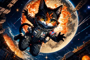 High quality, masterpiece, an orange cat in a space suit jumping across the moon