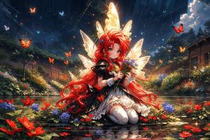 High quality, masterpiece, rayearth, 1 girl, sole female, shiny unkept red hair, brigth silver eyes, short fairy dress, floating_hair, floating above a garden of diferent types of wildflowers, bees and buterflies around her, full_body