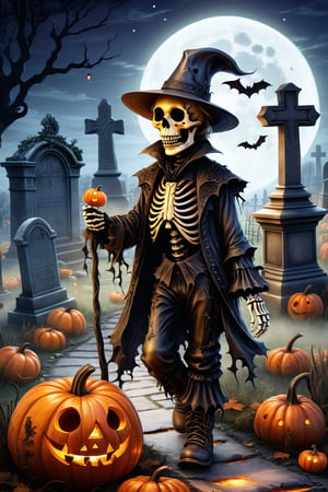 High quality, masterpiece, a skeleton with a pumpkin head, an open tunic showing his ribs, fingerless leather gloves, baggy pants held by a hemp bow, leather boots, a gnawed straw hat, walking through a cemetery in full moonlight and candlelight
