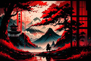 High quality, Masterpiece, Extreme Detailed, Ink art, an ancient samurai brandishing his katana under the shade of a cherry tree,scenery,oni style,warrior