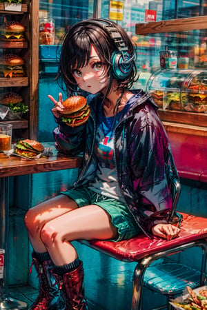 High quality, masterpiece, open sports sweatshirt, loose blouse, shorts, high boots, indirecent headphones, sitting in a burger shop,cool, 1girl