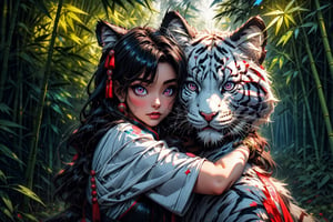 High quality, masterpiece, rayearth, 1 girl, sole female, shiny straight black hair, brigth pink eyes, panda_bear ears, qipao dress, hugging a big white tiger in a bamboo forest, full-body_portrait