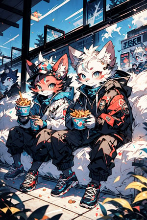 High quality, masterpiece, eyesgod, niji, furry,perfect light, 1 boy, 1 girl, FurryCore, both sitting together watching a movie, with various fried foods and drinks around them,  full-body_portrait