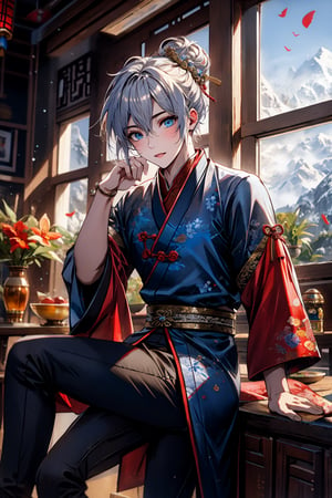 High quality, masterpiece, 1boy, sole_male, unkept bright silver hair in bun on top of his hair, dazzling blue eyes, ancient Chinese martial arts fantasy clothes, next to a window overlooking a debulous valley
