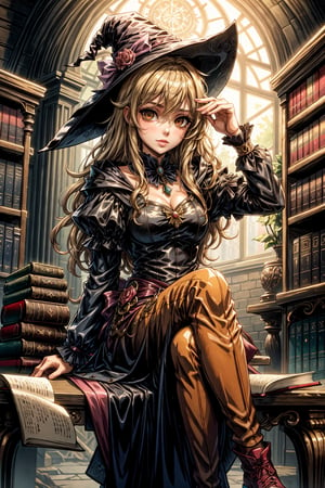 High quality, masterpiece, 1girl, sole_female, unkept bright blonde hair, dazzling brown eyes, witch hat, 
pink magical girl costume, sitting on a table of a library with a bored expression