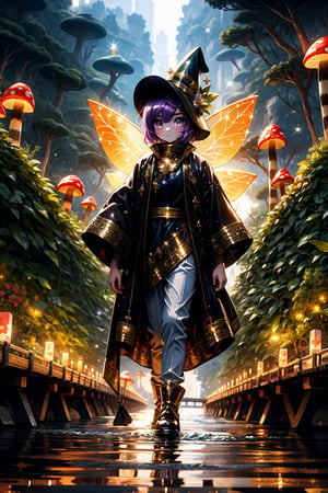 High quality, masterpiece, 1boy, shiny ligth purple hair,  golden_eyes, full_body, Pixie fairy outfit, with a sparkly mushroom hat, walking across a river bridge that has glowing plants and flowers, 