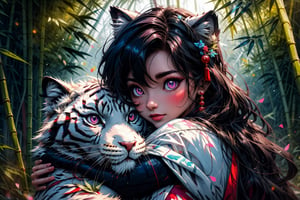High quality, masterpiece, rayearth, 1 girl, sole female, shiny straight black hair, brigth pink eyes, panda_bear ears, qipao dress, hugging a big white tiger in a bamboo forest