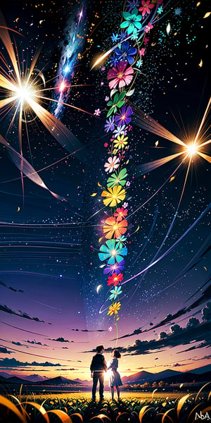 (bottom view), boy and girl standing in a flower field looking up (full moon), (shooting stars), (nebula), sakura, (warm light source:), (Firefly), intricate details, volumetric lighting, (masterpiece), (best quality), 4k, ultra-detailed, (dynamic composition), turn back time, remember, couple night, romantic, highly detailed, colorful details, (rainbow colors), (glowing lighting, atmospheric lighting), dreamy, magical,