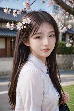 1girl, solo, long hair, looking at viewer, smile, bangs, brown hair, shirt, closed mouth, white shirt, upper body, flower, outdoors, day, bag, blurry, from side, lips, cherry blossoms,korean girl wear school uniform 