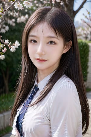 1girl, solo, long hair, looking at viewer, smile, bangs, brown hair, shirt, closed mouth, white shirt, upper body, flower, outdoors, day, bag, blurry, from side, lips, cherry blossoms,korean girl wear school uniform 