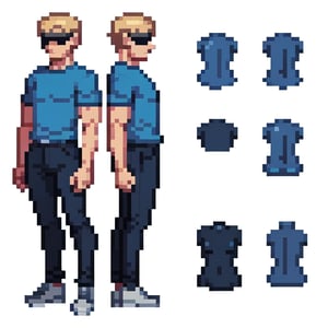Pixel art, modelsheet, full body portrait, mannequin, wearing a blue shirt, man, 