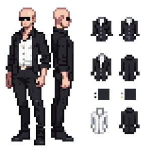Pixel art, modelsheet, full body portrait, mannequin, man, wearing a open button shirt, black shirt with white stripes