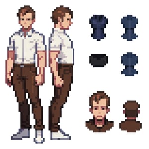 Pixel art, modelsheet, full body portrait, mannequin, man, wearing a white shirt, brown pants
